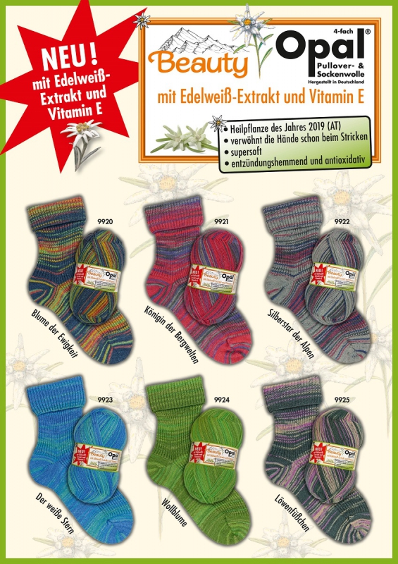 Opal 4-draads sokkenwol Beauty met edelweiss extract en vitamine E poster met 6 kleuren