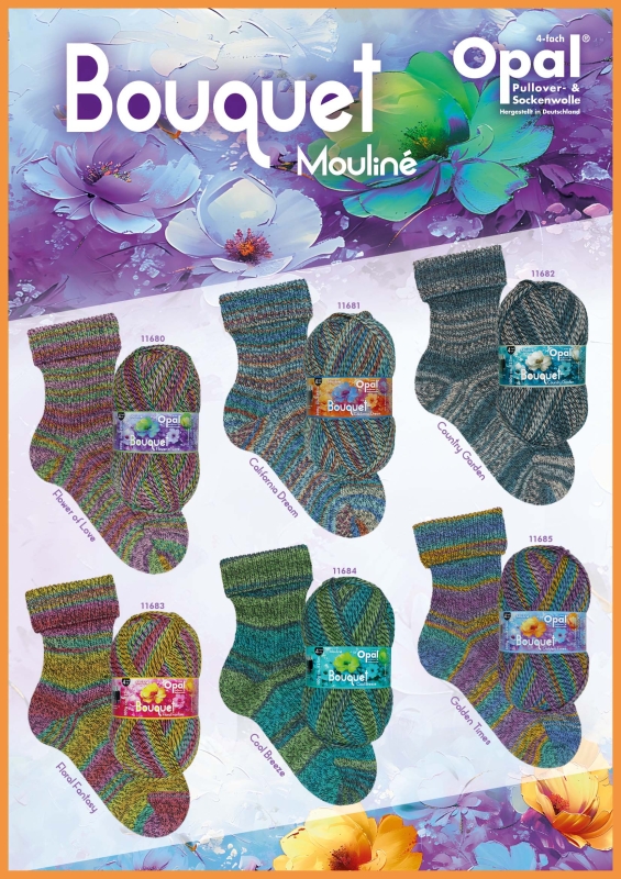 Poster van 6 kleuren Opal sokkenwol Bouquet Mouline met een meegetwijnd zwart draadje