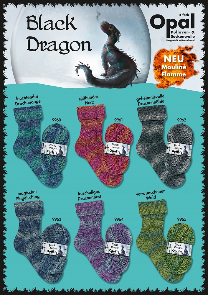 Opal 4-draads sokkenwol Black Dragon Mouline, flamme
